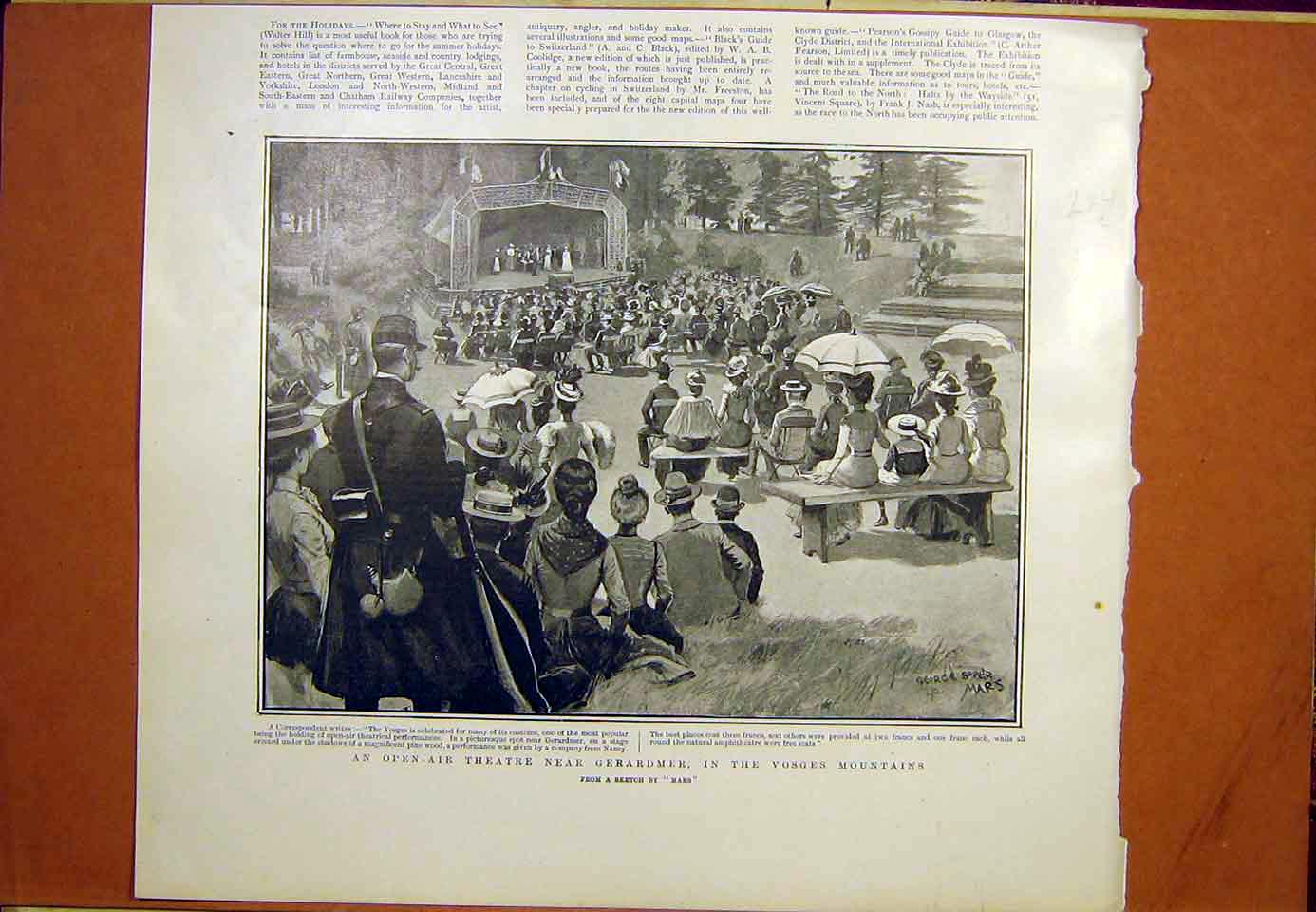 Original Old Antique Print Theatre Gerardmer Vosges Mountains 1901 Victorian