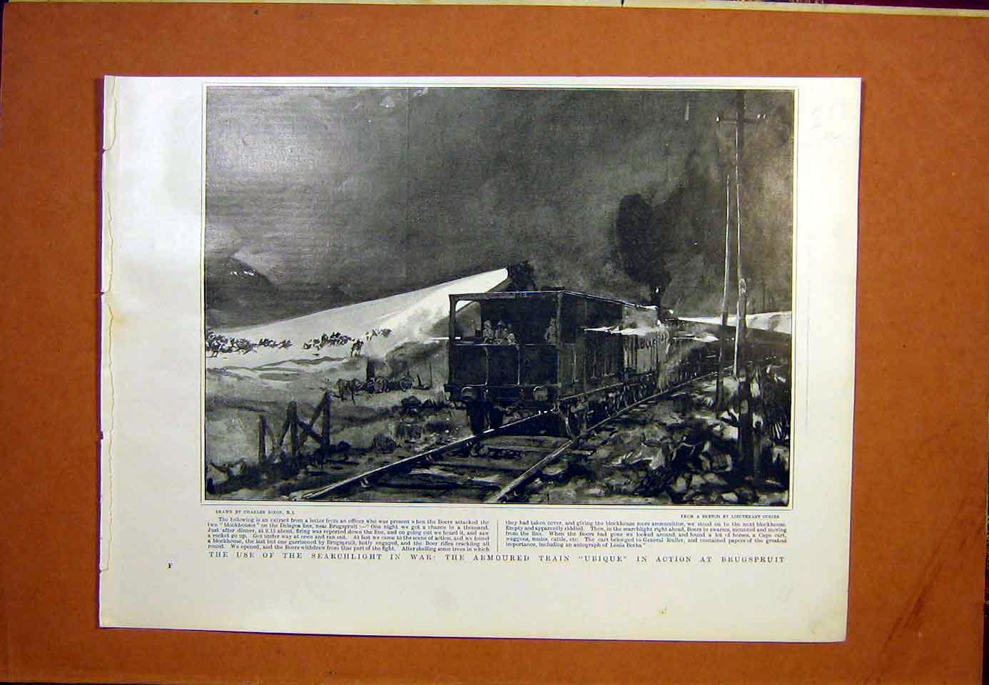 Original Old Antique Print Armour Train Ubique Seir Searchlight 1901 Victorian
