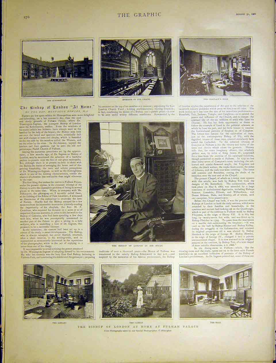 Original Old Antique Print Bishop London Fulham Palace Chapel Chaplain 1901 20th