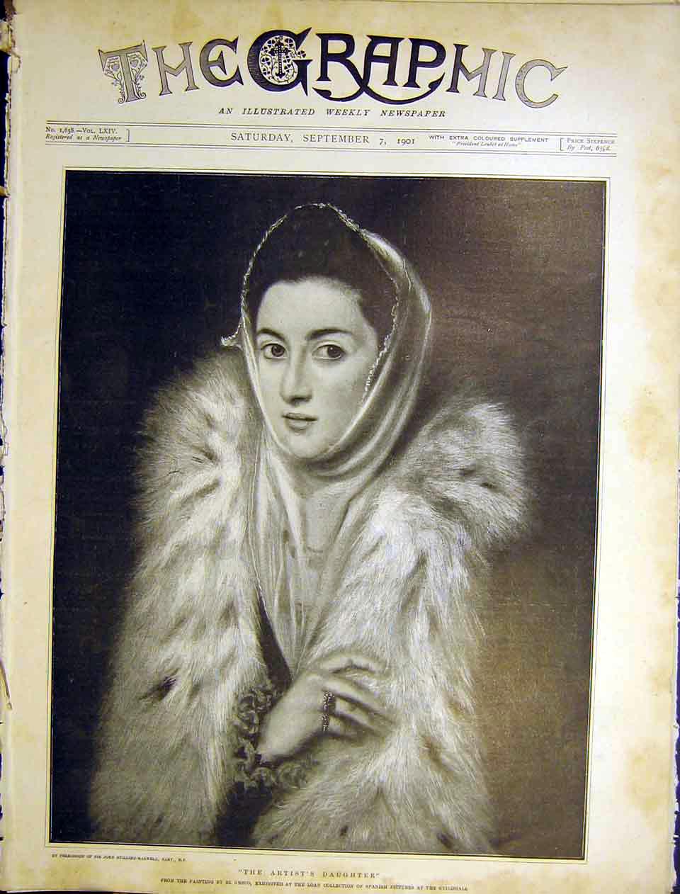 Original Old Antique Print Artist Daughter Greco Portrait Spanish Fine Art 1901