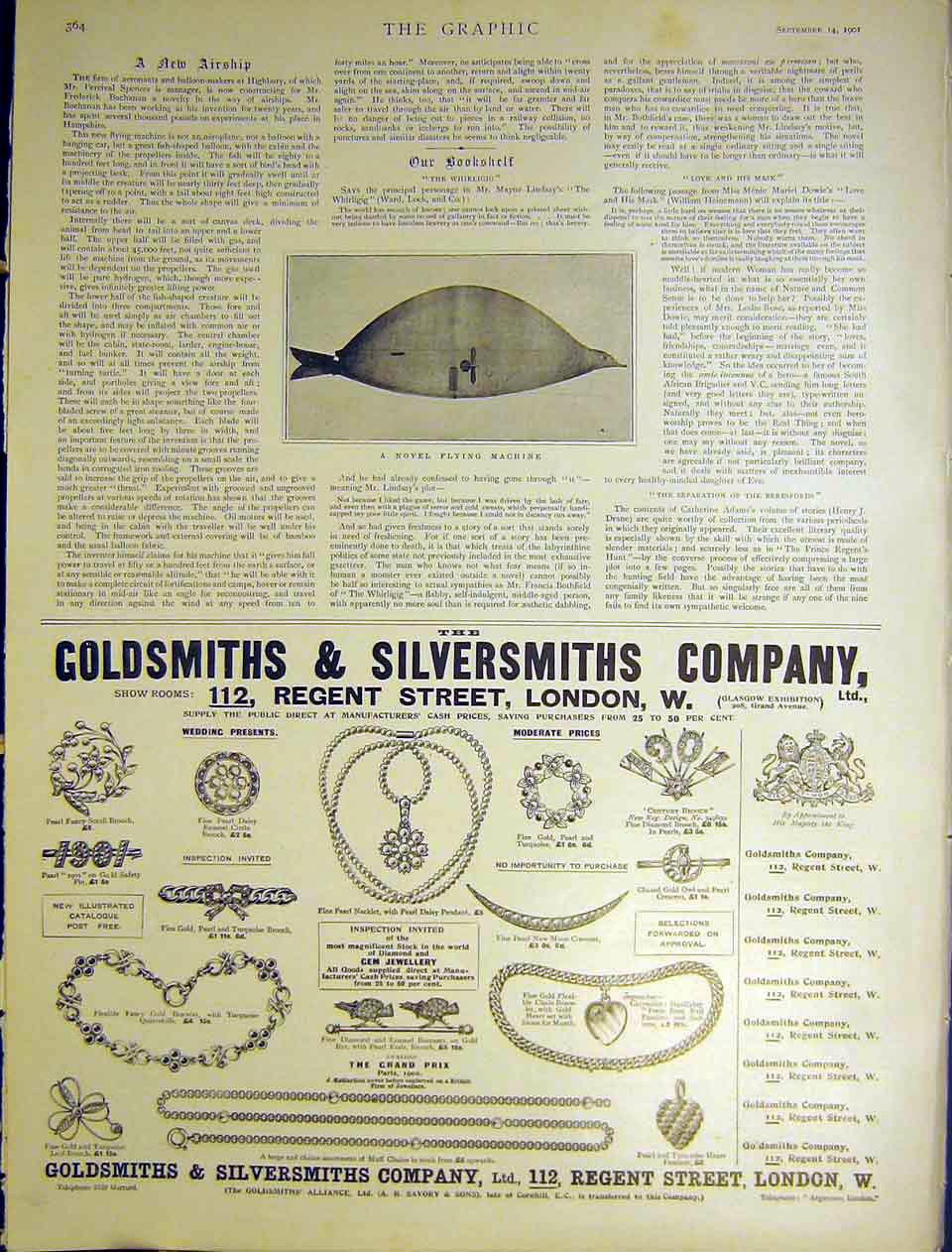 Original Old Antique Print Airship Fish Balloon Advert Gsmith Silversmith 1901