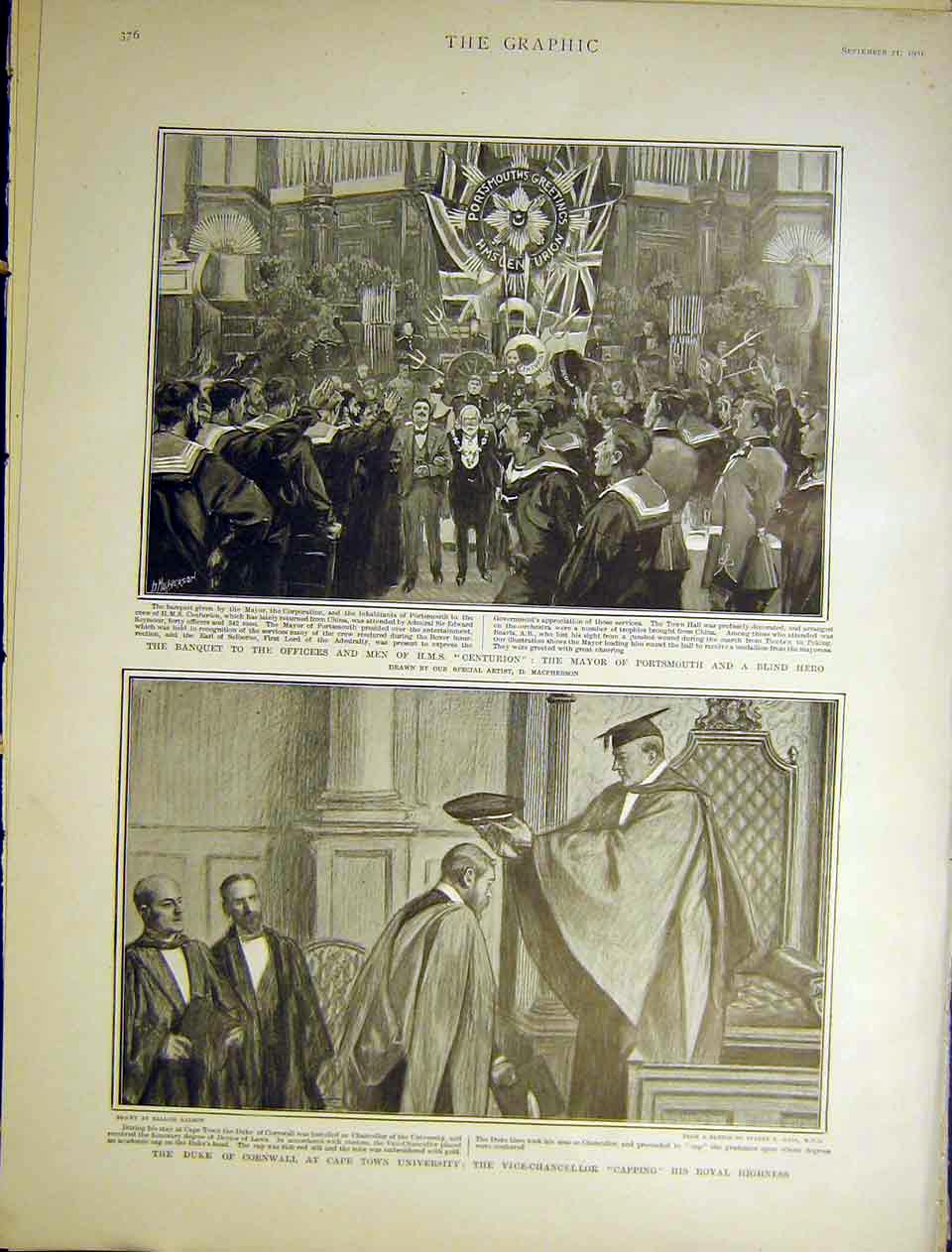 Original Old Antique Print Banquet Officers Hms Centurion Africa Capping Royal