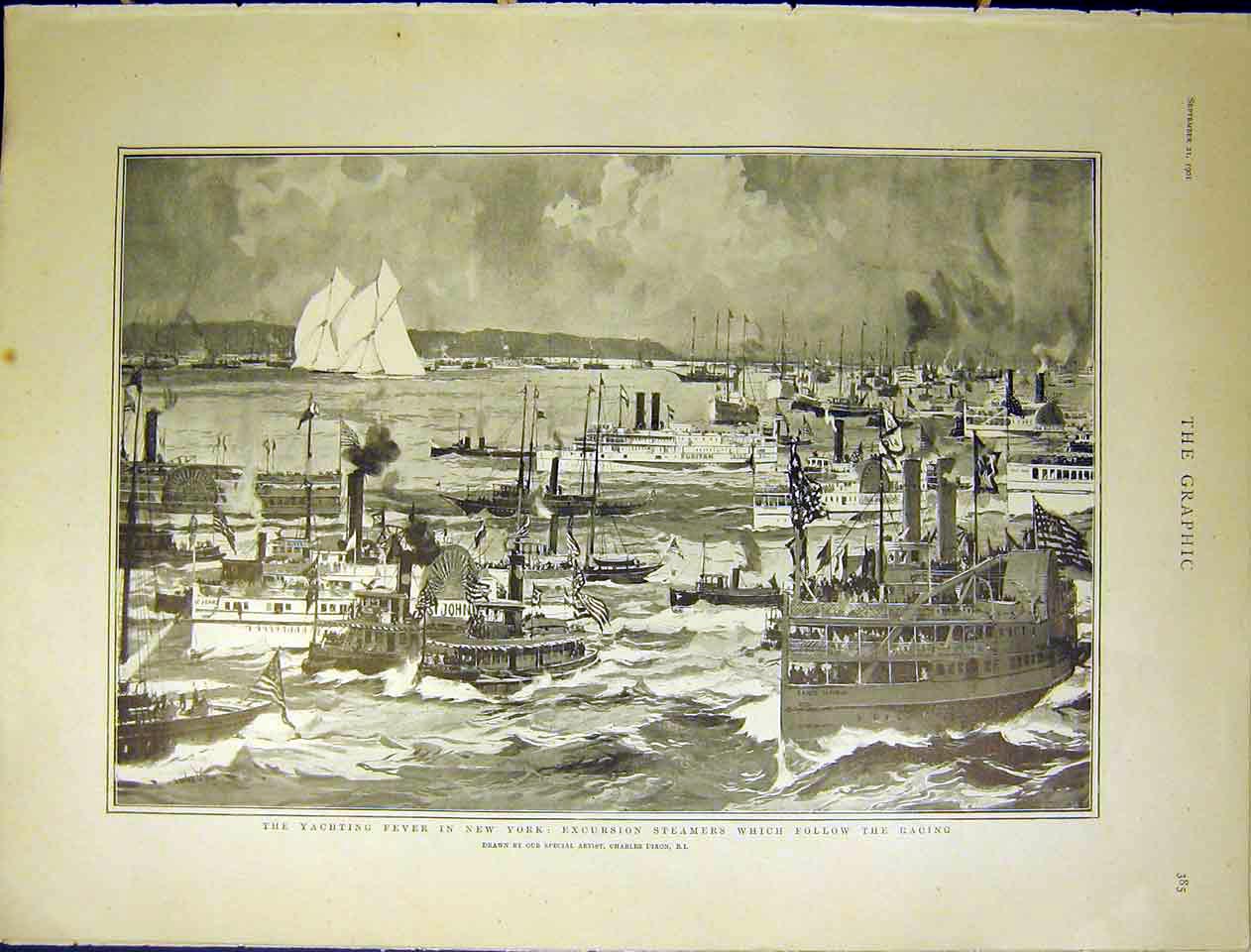 Original Old Antique Print Yacht New York Race Steamer America Dixon 1901 20th