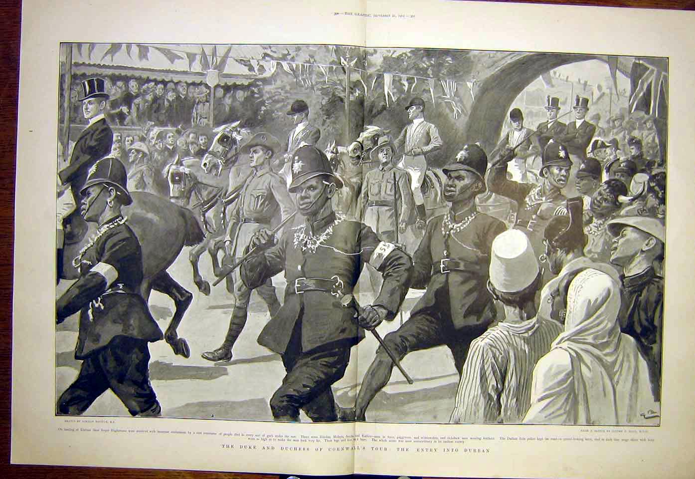 Original Old Antique Print Durban Duke Duchess Cornwall Tour 1901 Victorian