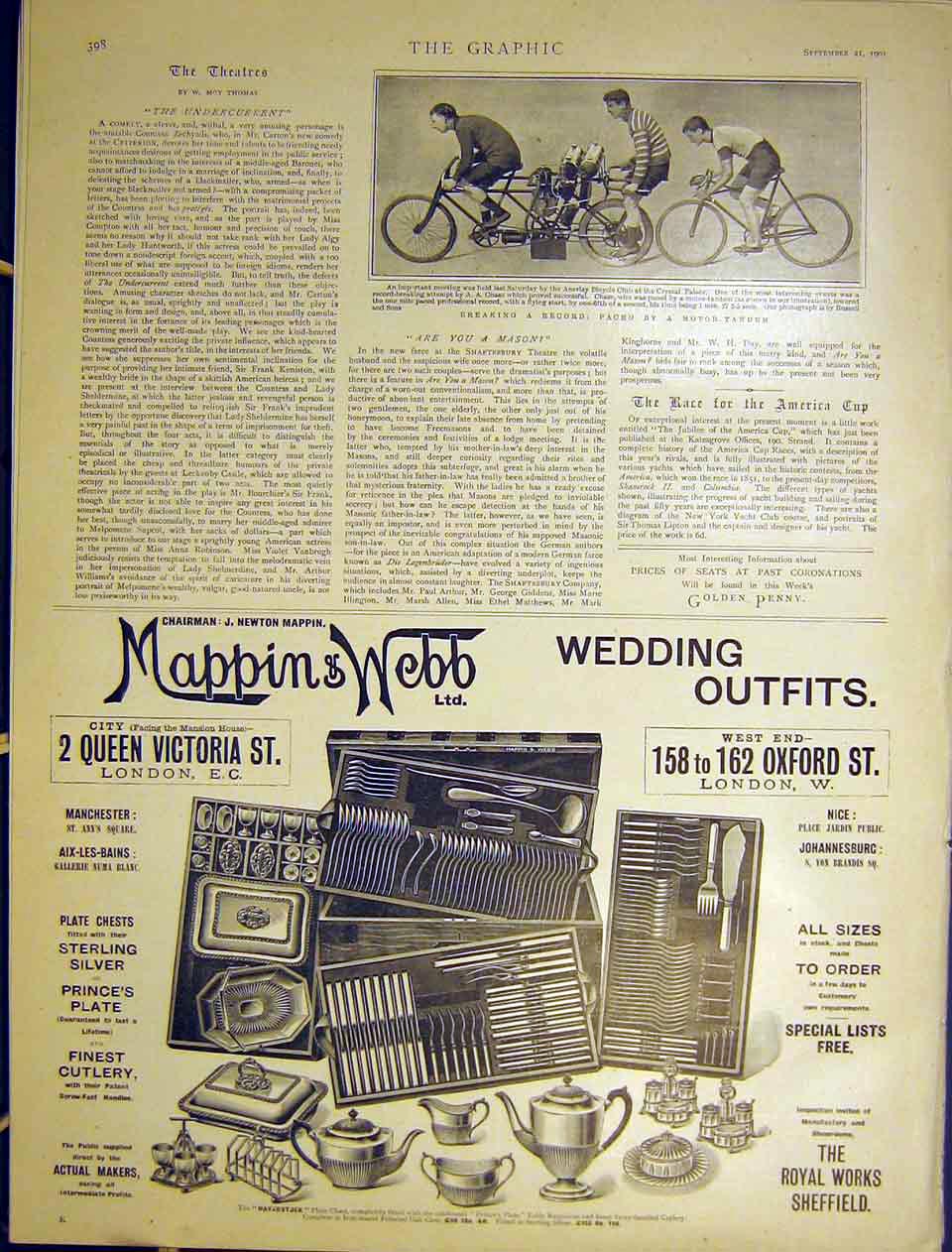 Original Old Antique Print America Cup Race Bicycle Advert Mappin Webb 1901 20th