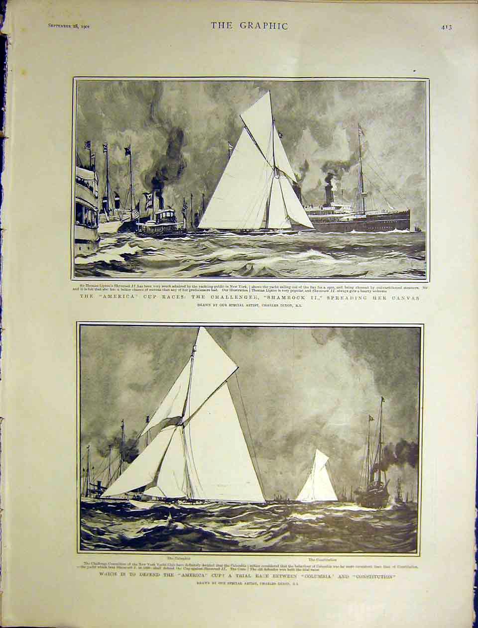 Original Old Antique Print Yacht Challenger Shamrock America Race Dixon 1901