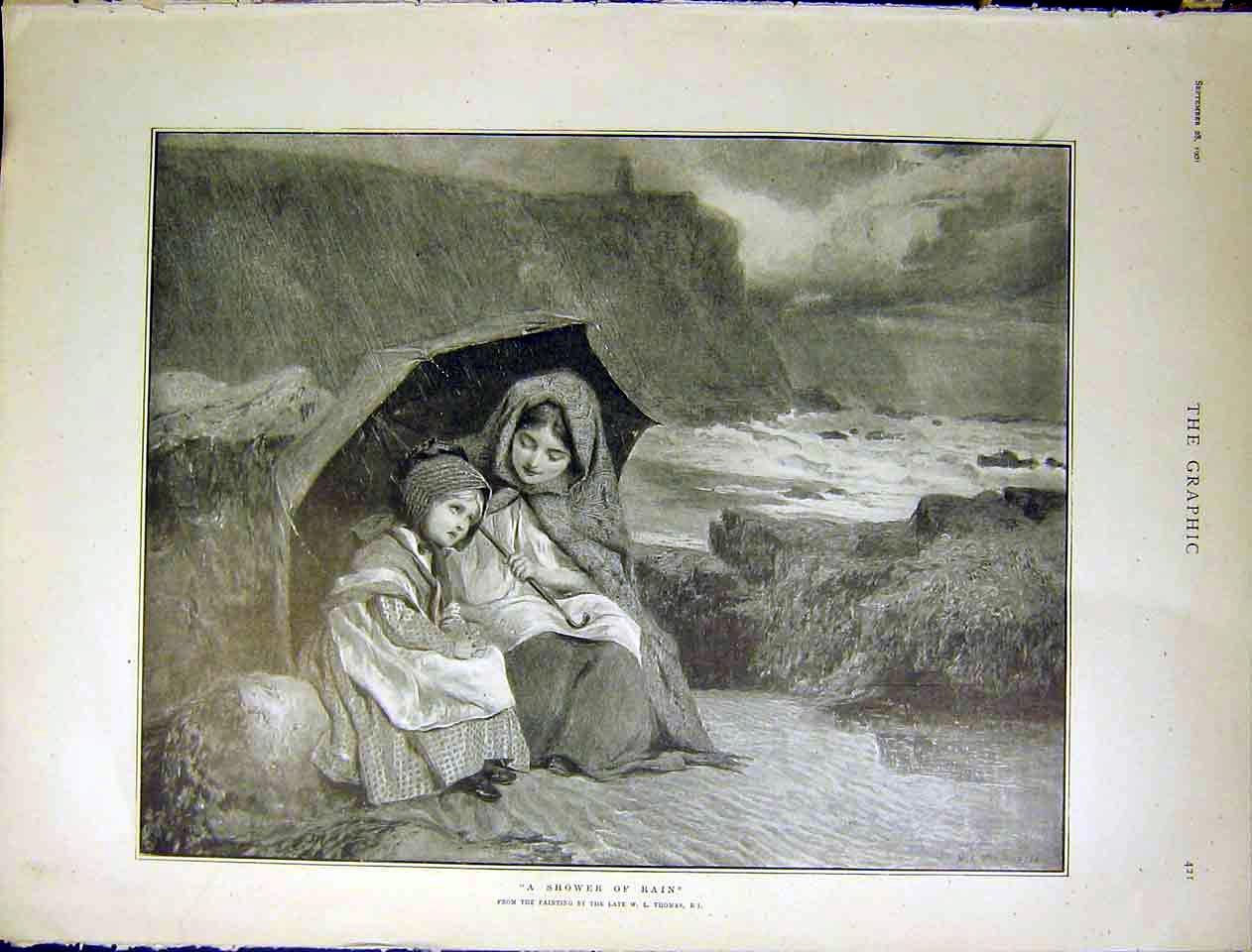 Original Old Antique Print Shower Rain Lady Child Sea Beach Thomas Fine Art 1901