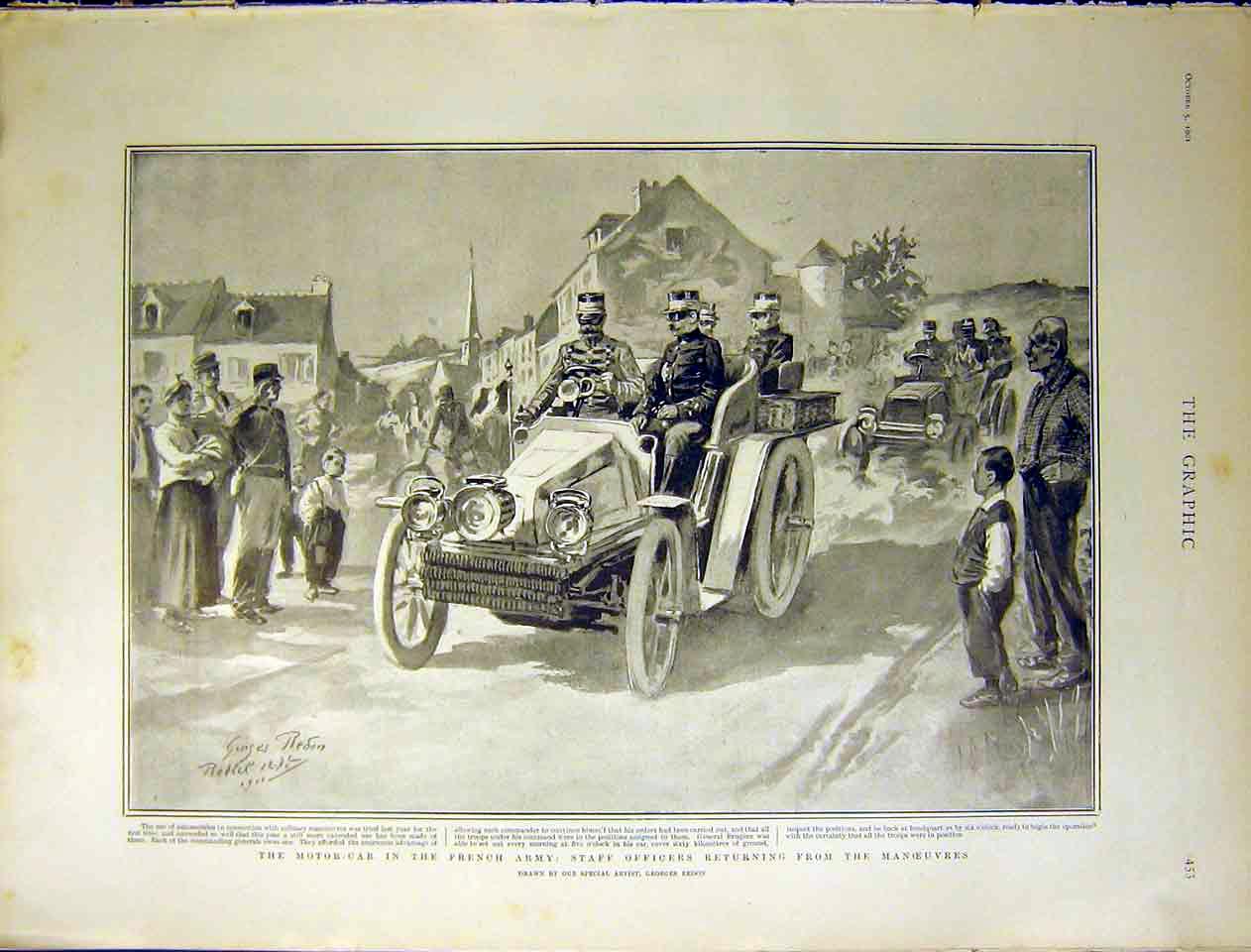 Original Old Antique Print Motor-Car French Army Officer Manoeuvres Redon 1901
