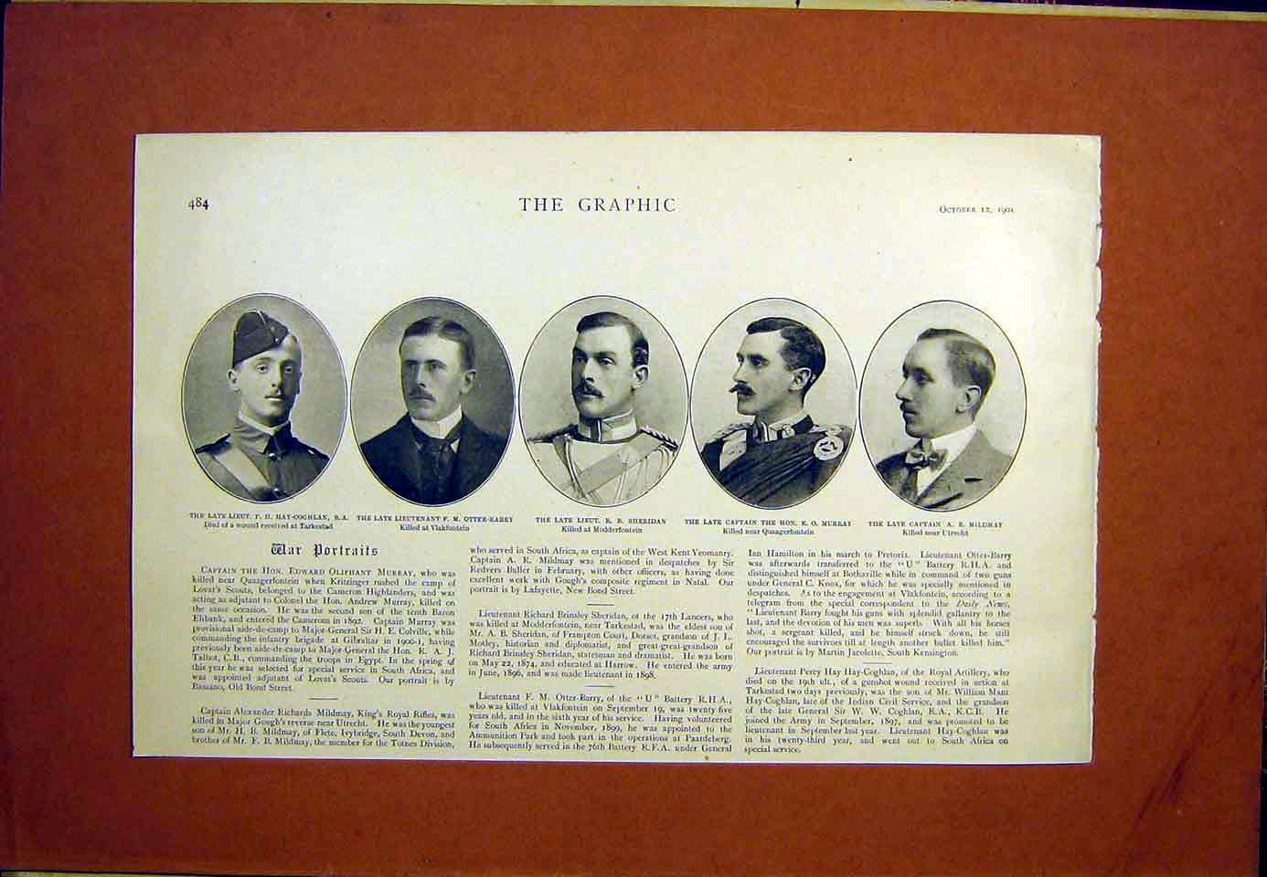 Original Old Antique Print Portraits War Killed Sier Sheridan 1901 Victorian
