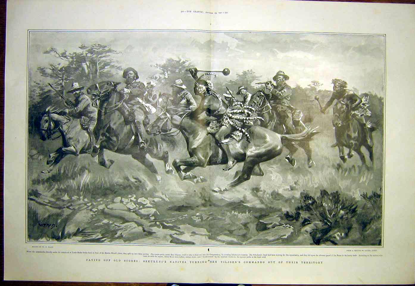 Original Old Antique Print Sekukuni Native Viljoen Commando Maud Horse 1901