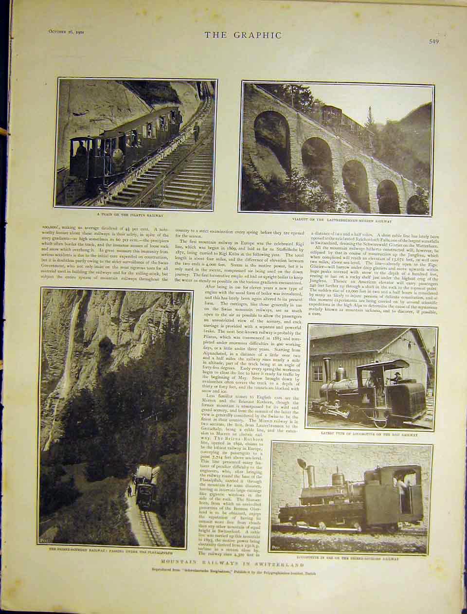 Original Old Antique Print Mountain Railway Switzerland Pilatus Locomotive 1901
