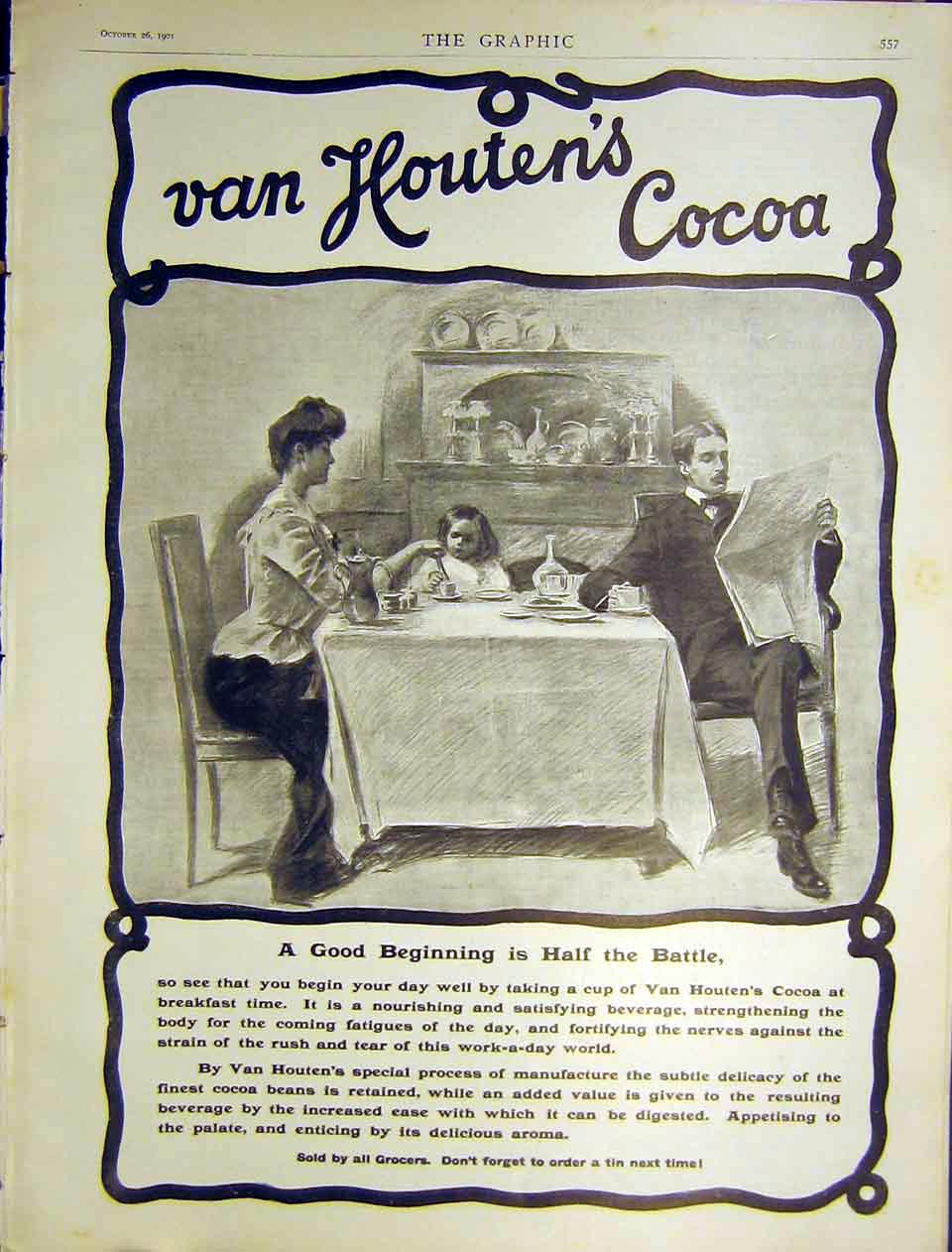 Original Old Antique Print Advert Van Houtens Cocoa 1901 20th Century