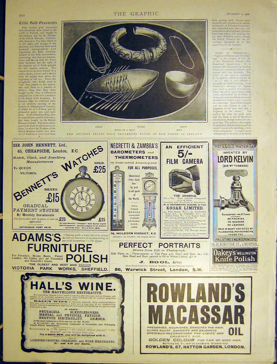 Original Old Antique Print Advert Bennett Kodak Halls Rowland 1901 Victorian