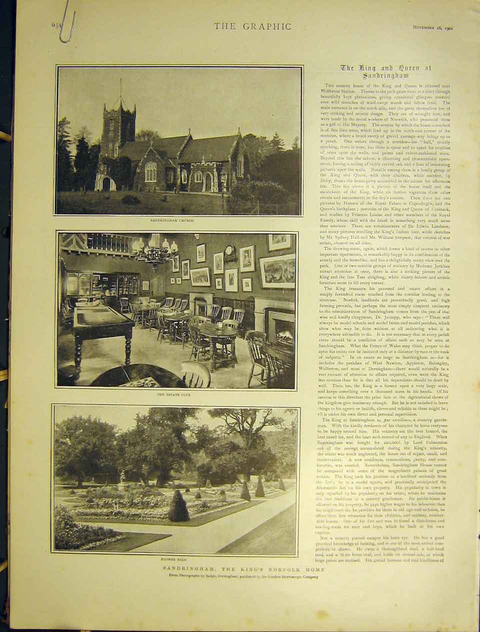 Original Old Antique Print Sandringham Church King Queen Norfolk 1901 Victorian