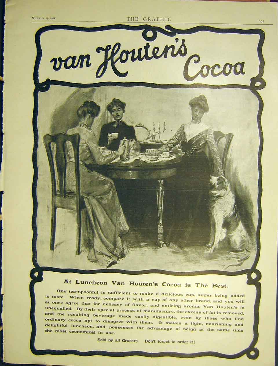 Original Old Antique Print Advert Van Houtens Cocoa Luncheon 1901 20th