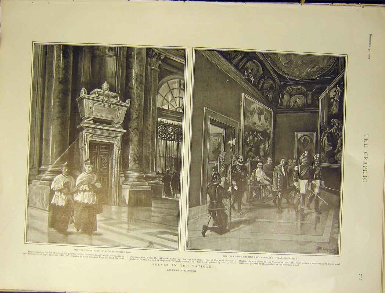 Original Old Antique Print Vatican Tomb Pope Raphael Transfiguration 1901 20th