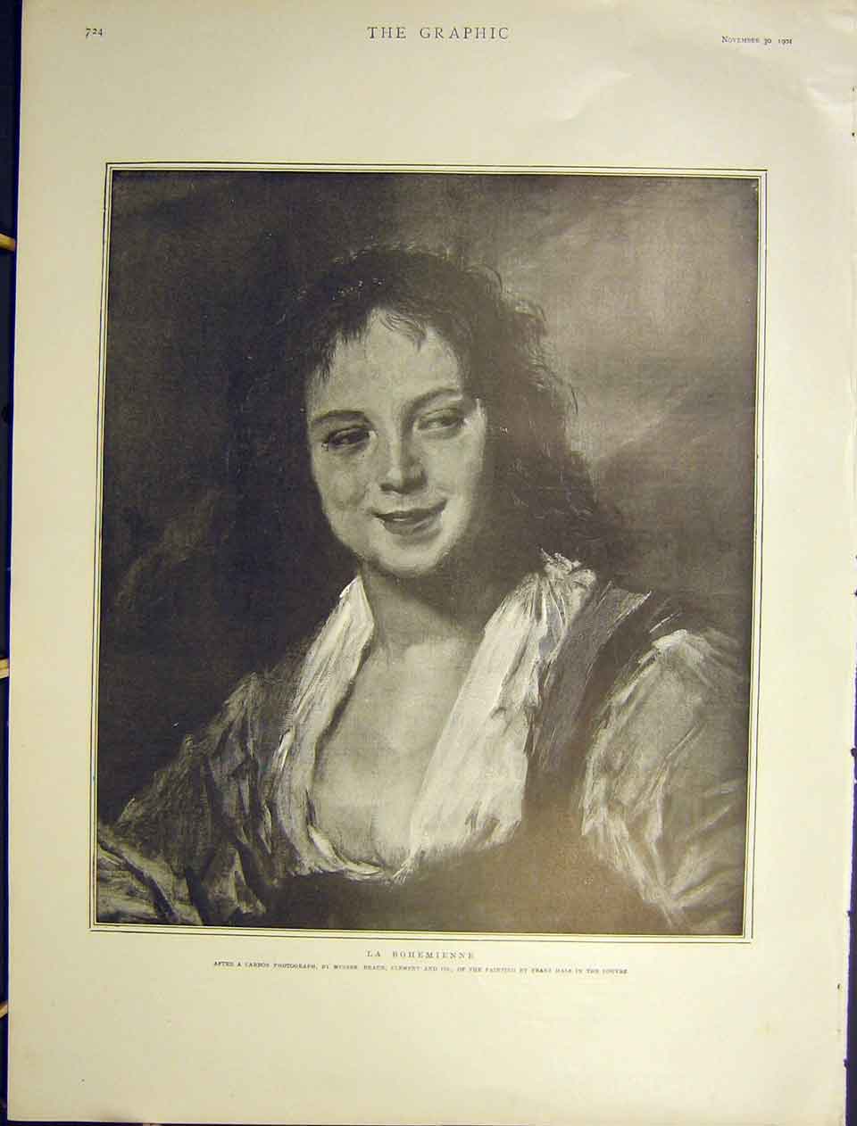Original Old Antique Print La Bohemienne Hals Portrait Lady Woman Louvre 1901