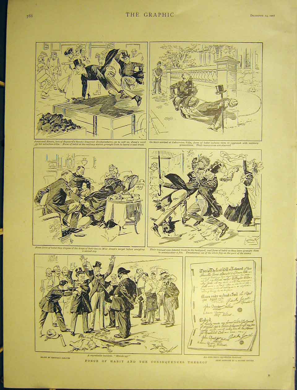 Original Old Antique Print Sketches Jones And Brown Cartoon 1901 20th