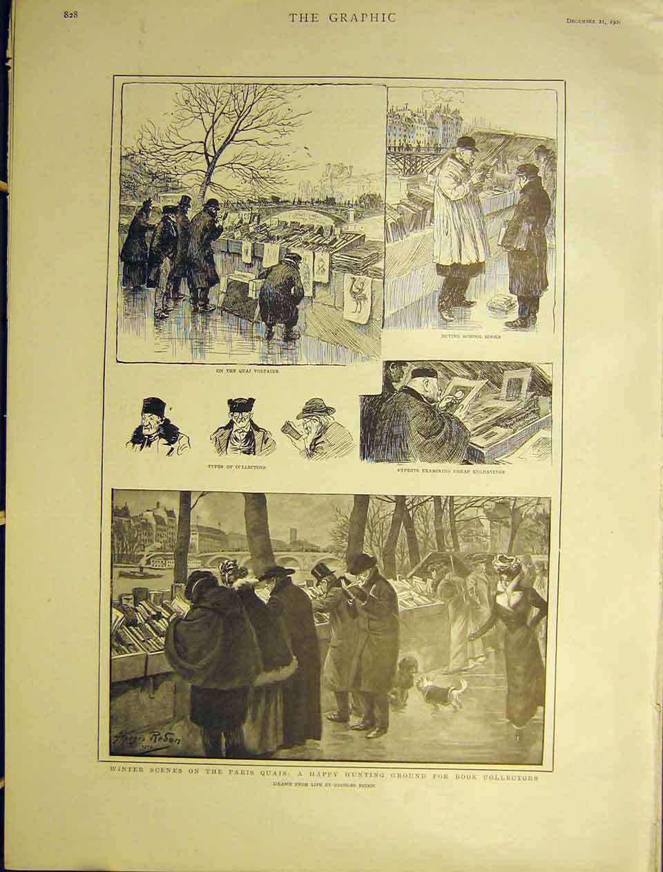 Original Old Antique Print Sketches Winter Paris Book Quai Voltaire 1901 20th