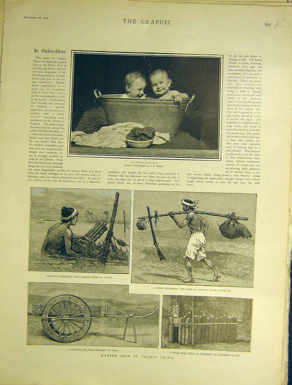Original Old Antique Print Cochin China Fisherman Babies Bath Rembrandt 1901