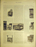 Original Old Antique Print French Art Furniture Cabinet Chait Bedstead 1901 20th
