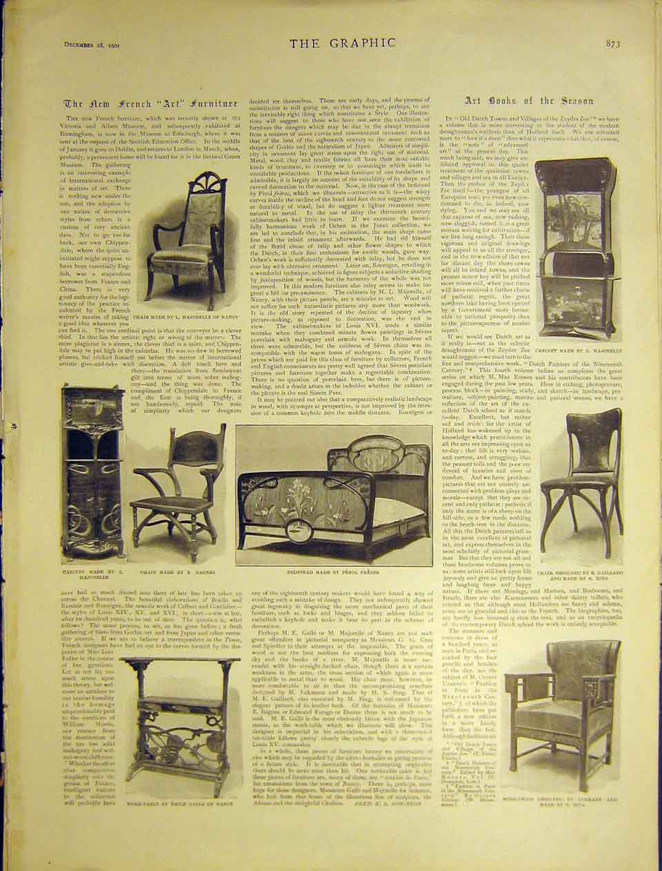 Original Old Antique Print French Art Furniture Cabinet Chait Bedstead 1901 20th