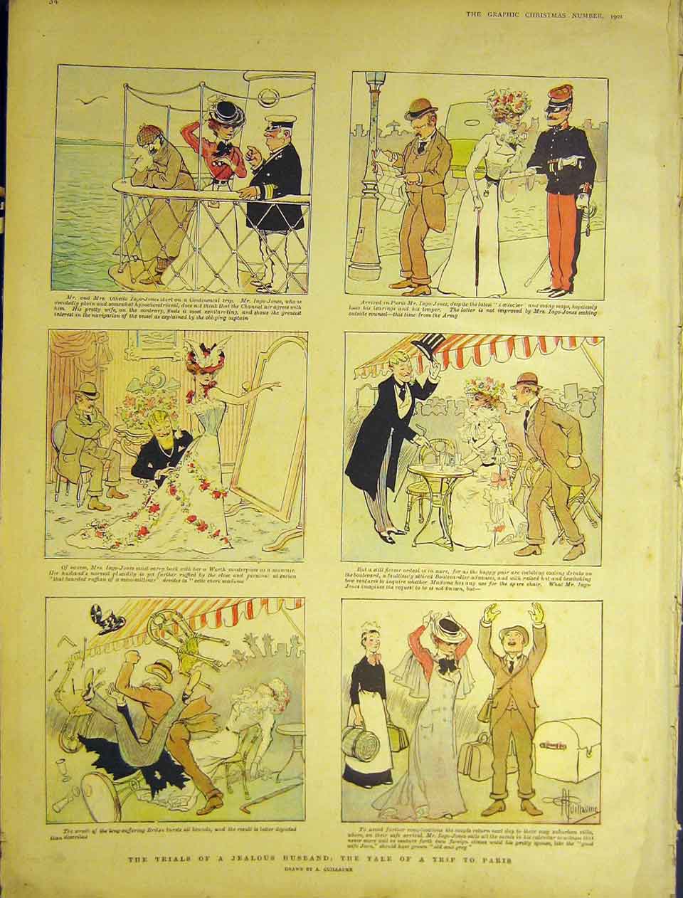 Original Old Antique Print Sketches Jealous Husband Tale Paris Guillaume 1901