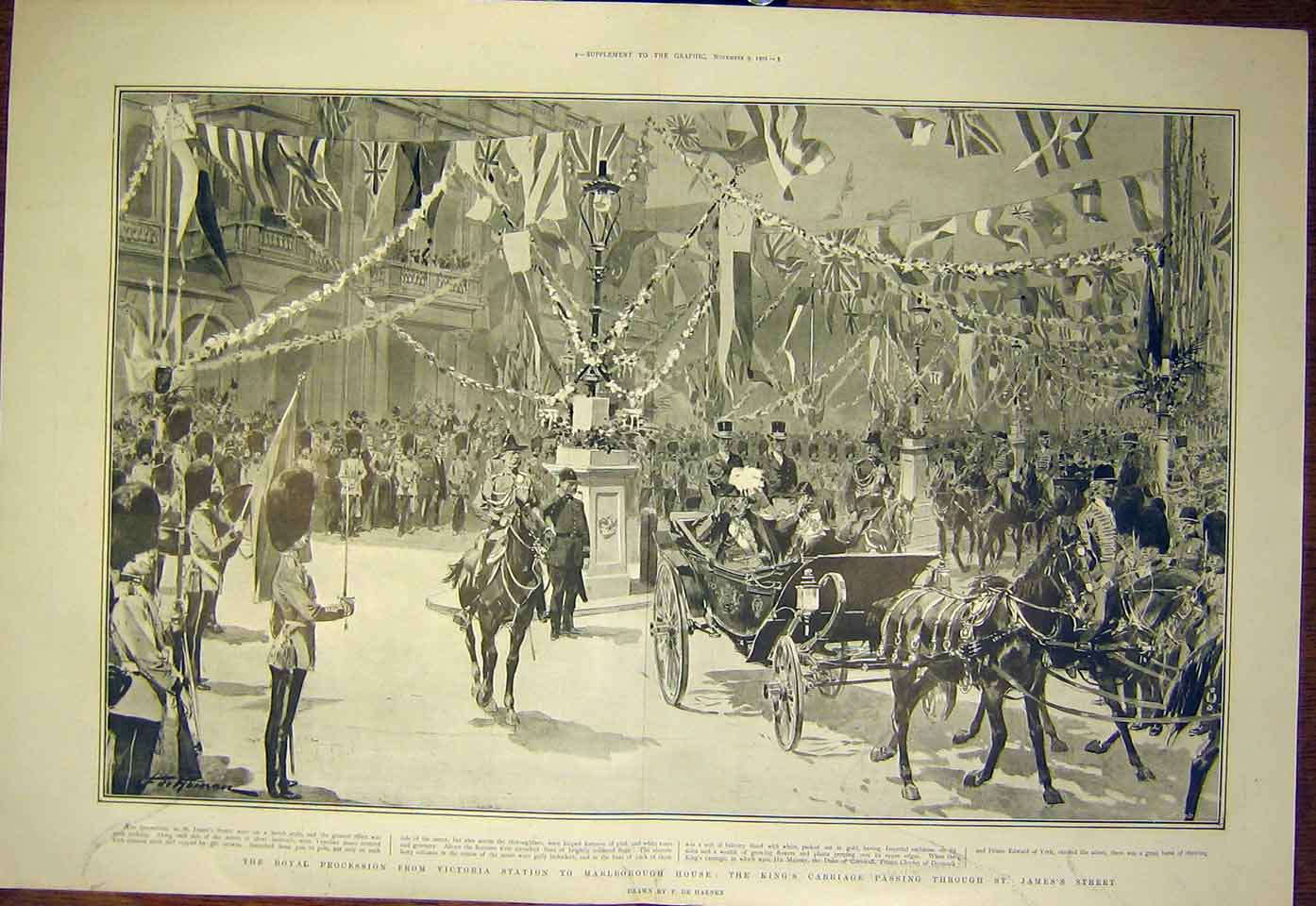 Original Old Antique Print Royal Procession Victoria Marlborough St. James 1901