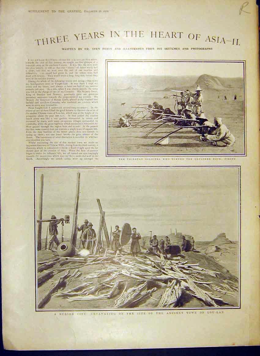 Original Old Antique Print Asia Hedin Sketches Thibet Siers Glacier 1902 20th