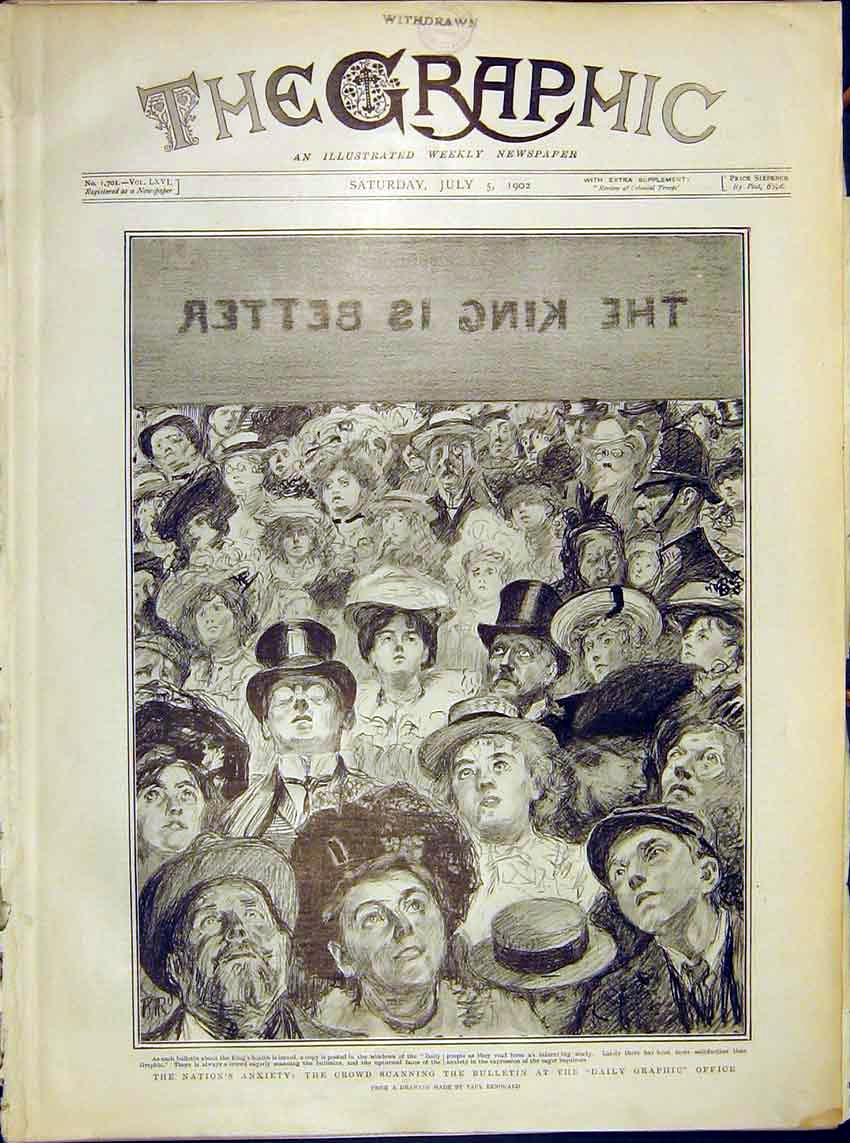 Old Antique Print Bulletin Graphic Office Crowd Nation Anxiety King 1902 20th