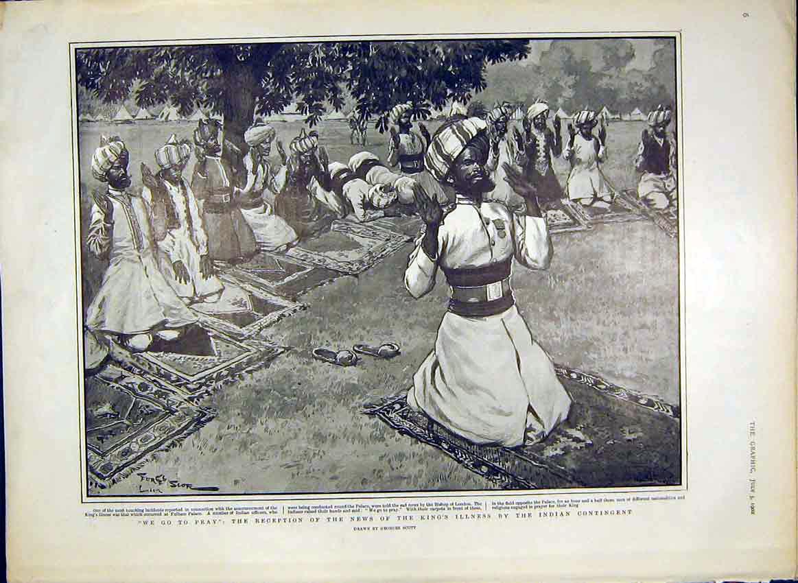 Original Old Antique Print King Ilness Indian Contingent Prayer Officers 1902