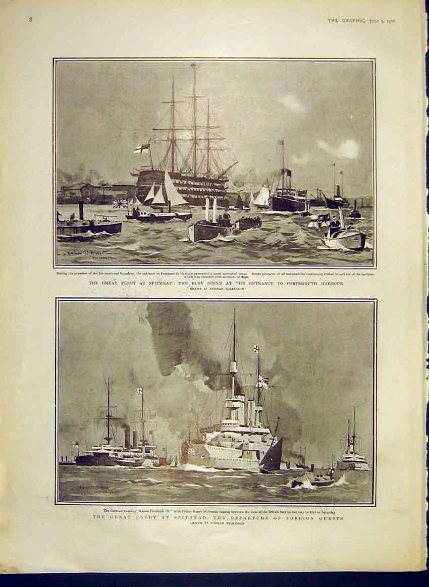 Original Old Antique Print Fleet Spithead Portsmouth International Squadron 1902