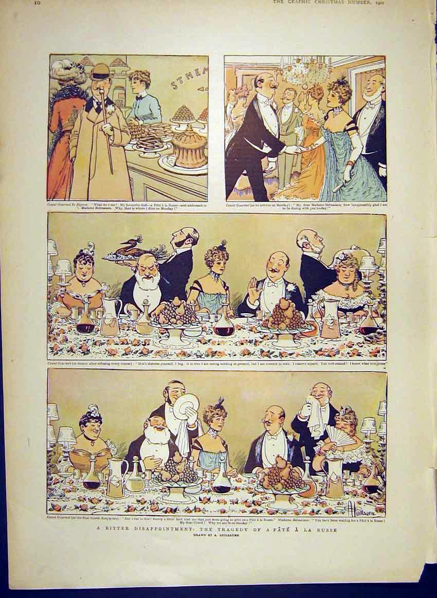Original Old Antique Print Tragedy Pate A La Russe Guillaume Sketches 1902 20th