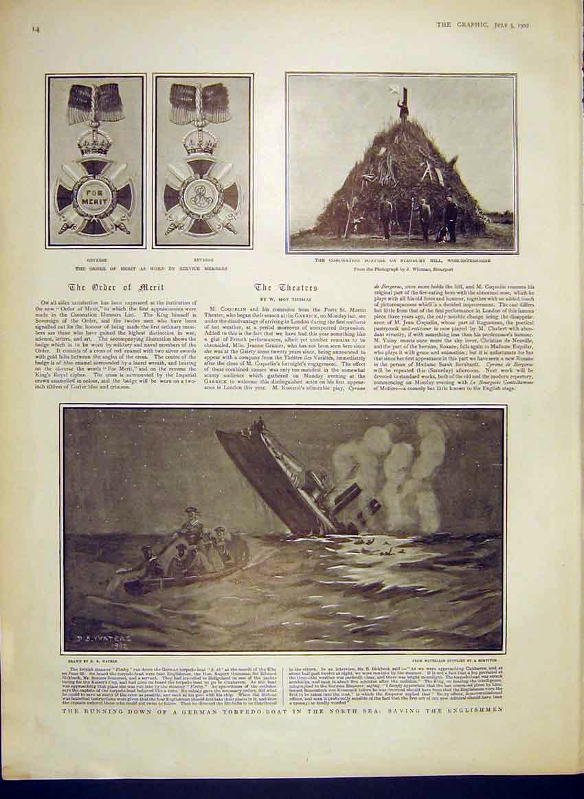 Original Old Antique Print Medal Order Merit Stagbury Hill German Torpedo-Boat