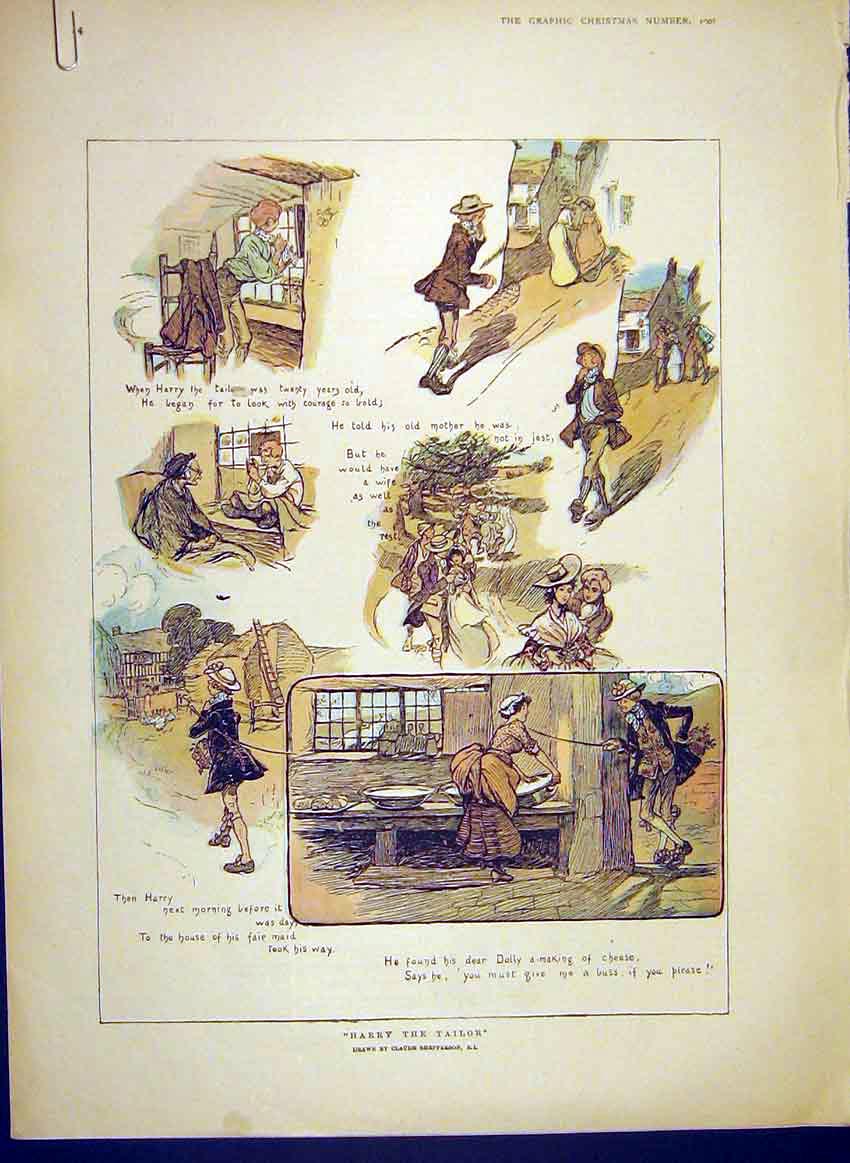 Original Old Antique Print Harry Tailor Shepperson Sketches Story Tale 1902