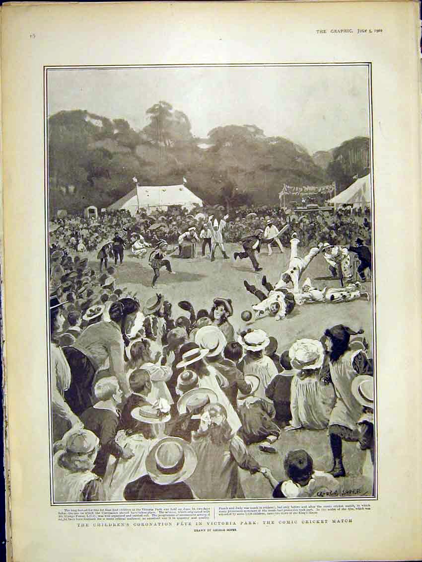 Original Old Antique Print Children Coronation Fete Victoria Park Cricket Match
