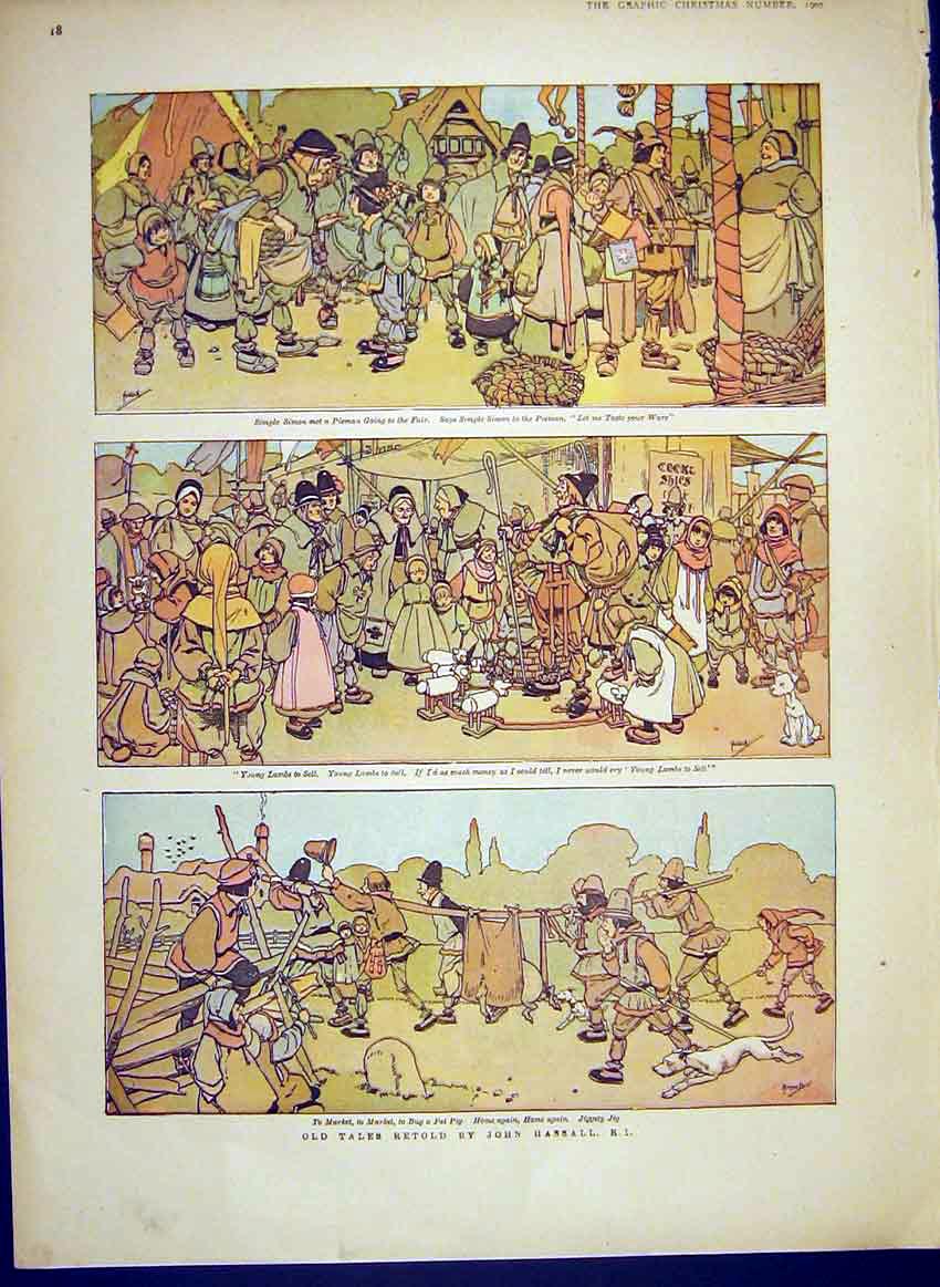 Original Old Antique Print Tales Sketches Hassall Market Nursery Rhymes 1902