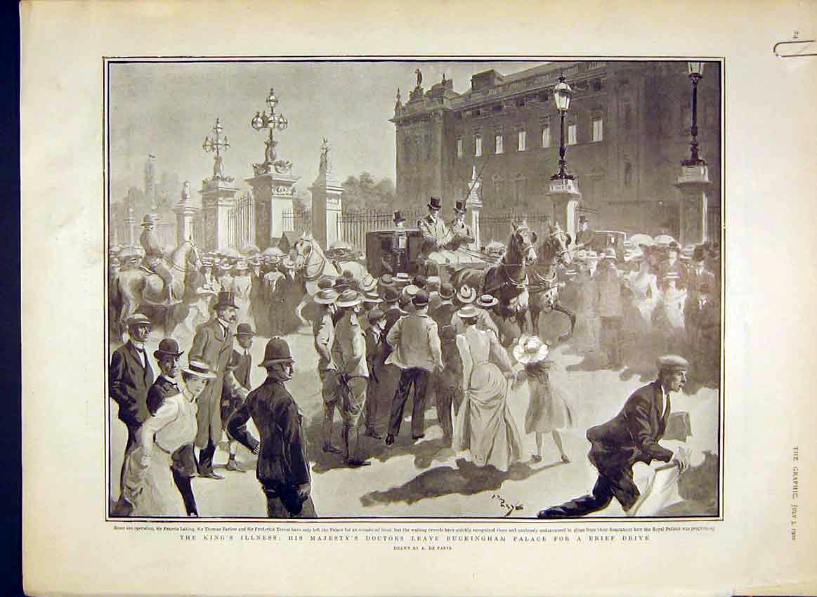 Original Old Antique Print Buckingham Palace King Queen Windsor Portrait 1902