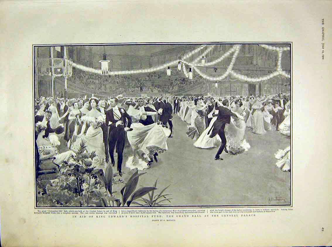 Original Old Antique Print King Edward Hospital Trust Ball Crystal Palace 1902