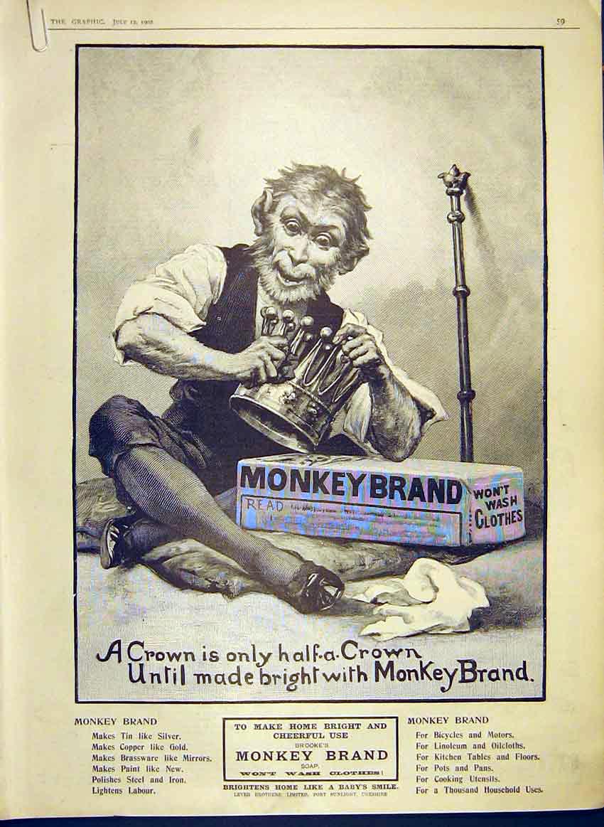 Original Old Antique Print Monkey Brand Soap Crown Brooke'S Advert 1902 20th