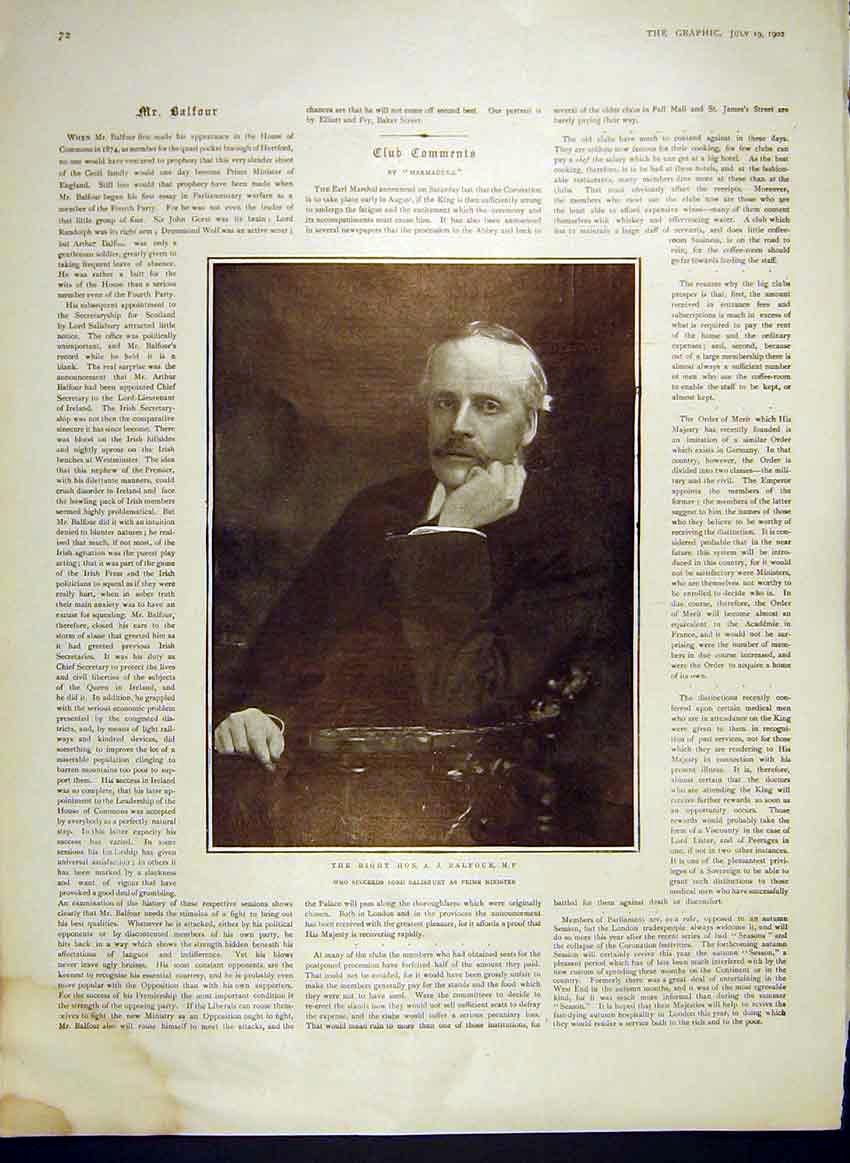 Original Old Antique Print Portrait Balfour Member Parliament 1902 20th Century