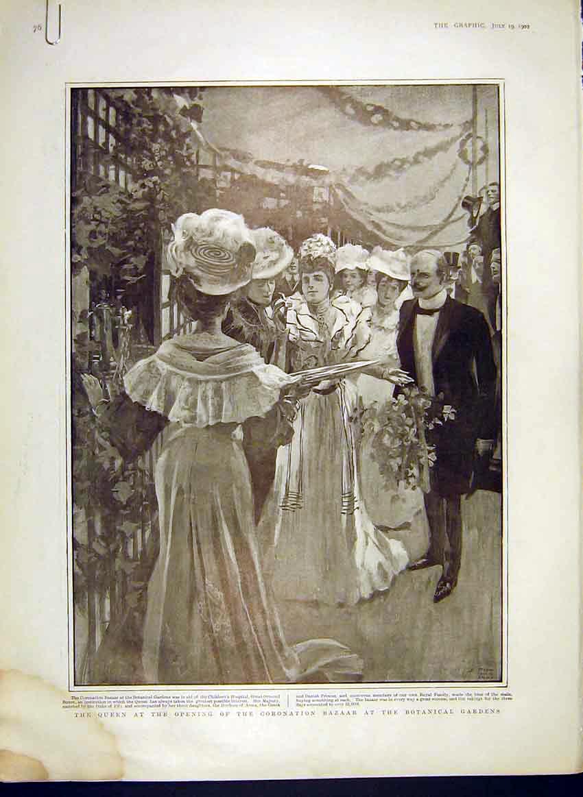 Original Old Antique Print Coronation Bazaar Botanical Gardens Zoological 1902