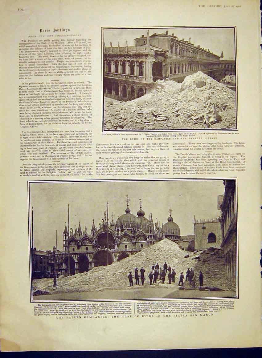 Original Old Antique Print Ruins Capanile Library Piazza San Marco Venice 1902