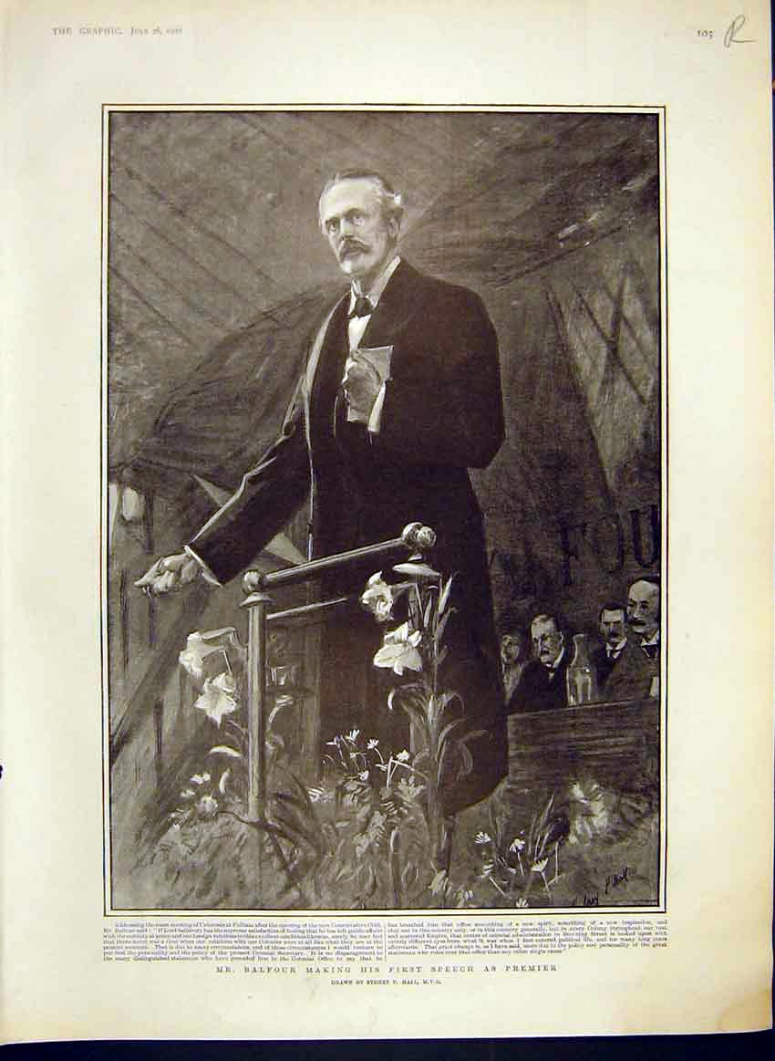 Original Old Antique Print Premier Balfour Portrait Boer War Prisoners 1902