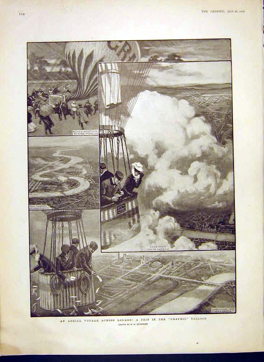 Original Old Antique Print Aerial Voyage London Graphic Balloon Dickinson 1902