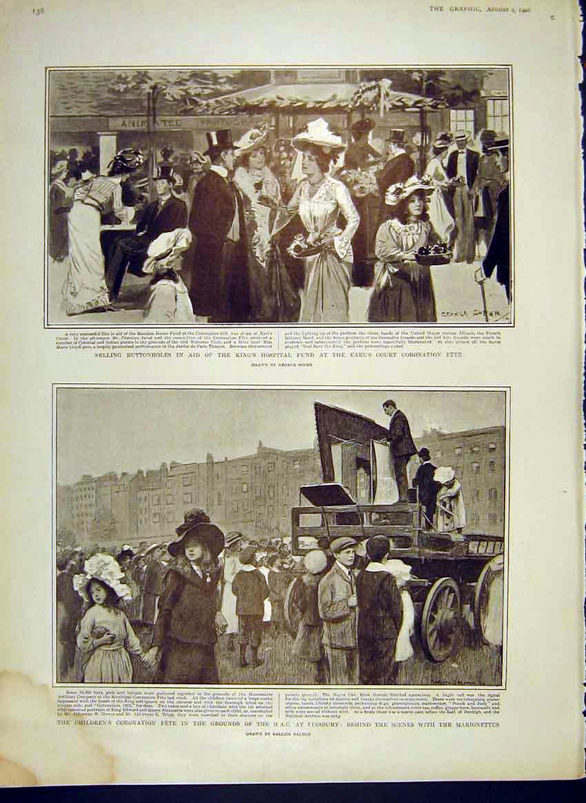 Old Antique Print Buttonholes Earl'S Court Coronation Fete Finsbury 1902 20th