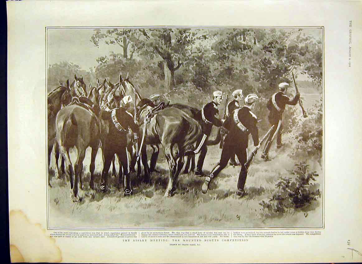 Original Old Antique Print Bisley Mounted Scouts Children Coronation Fete 1902