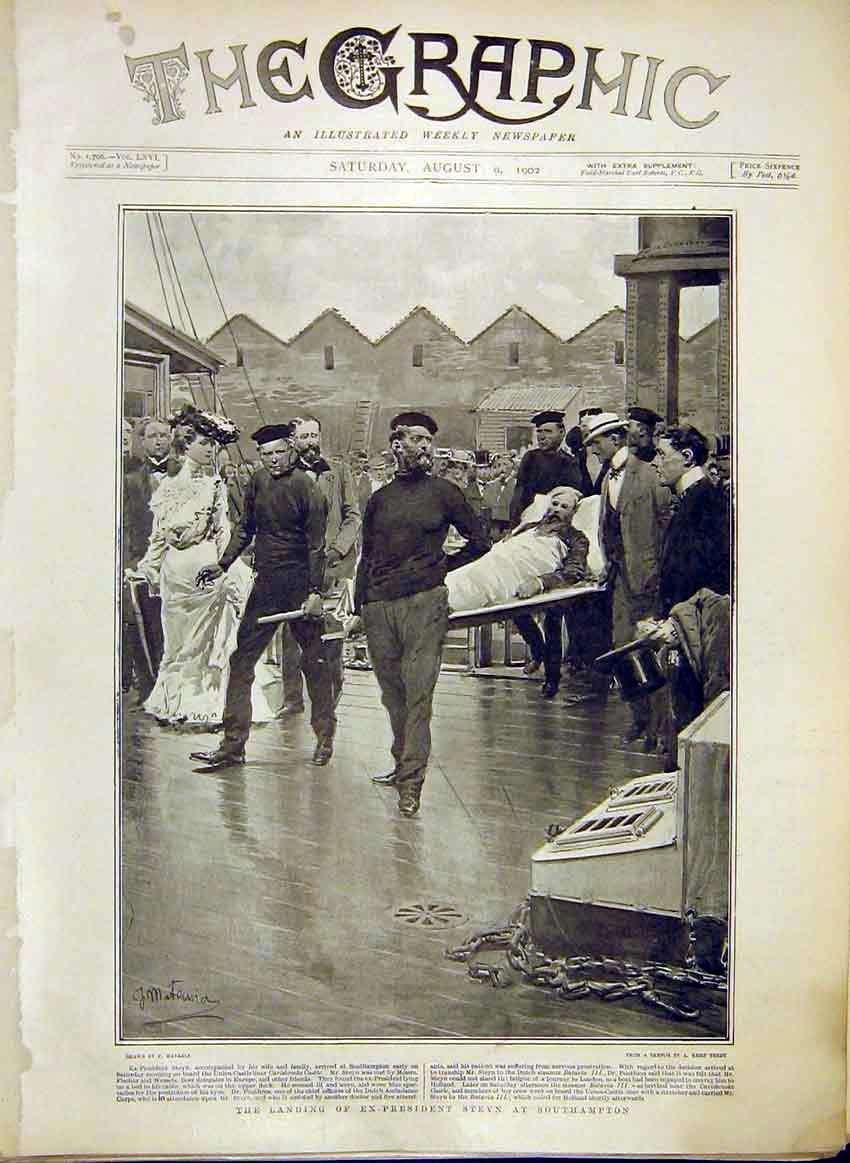 Original Old Antique Print Ex-President Steyn Southampton 1902 20th Century
