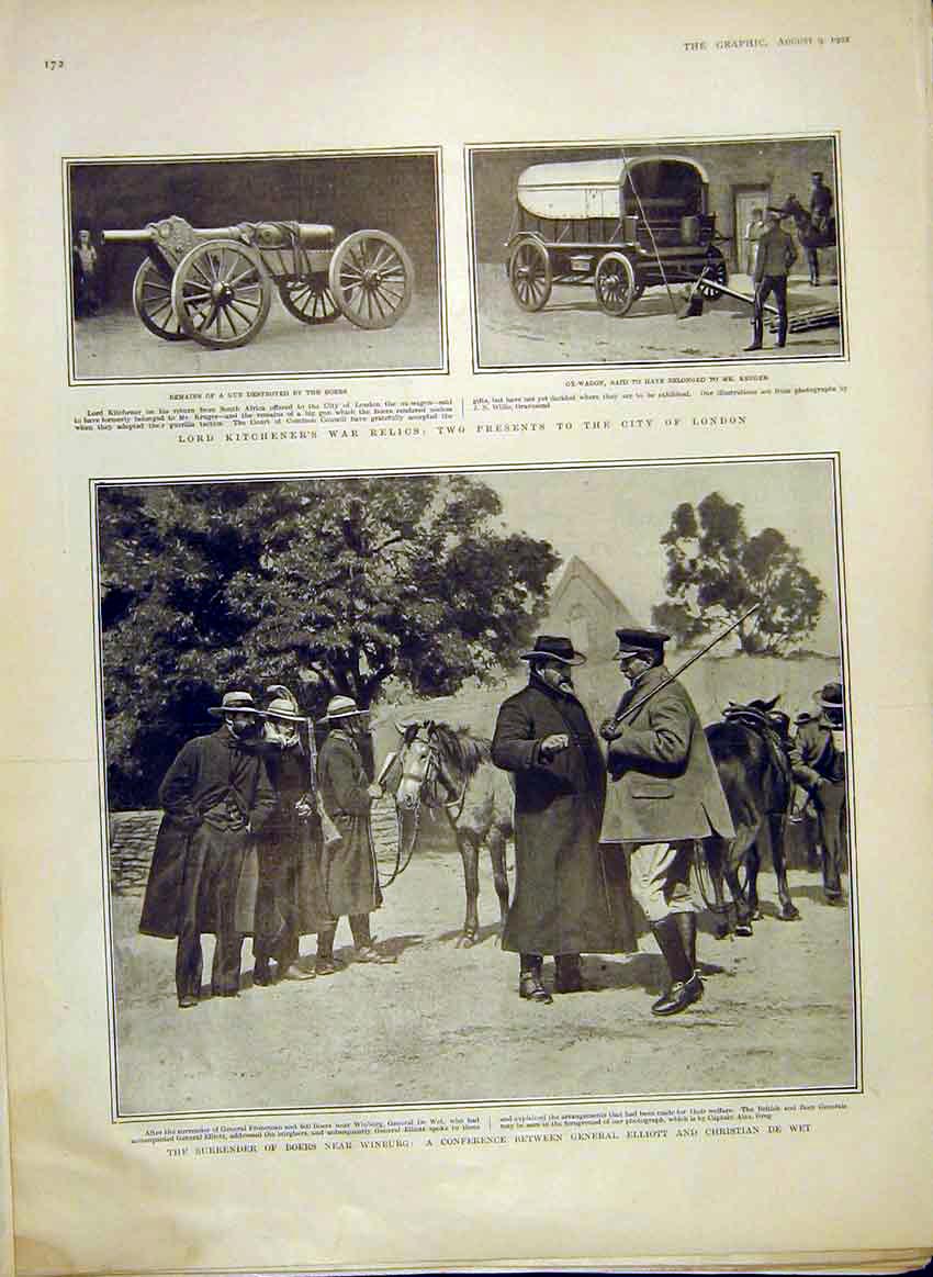 Original Old Antique Print Boers Winburg Elliott De Wet Kitchener Wagon Gun 1902