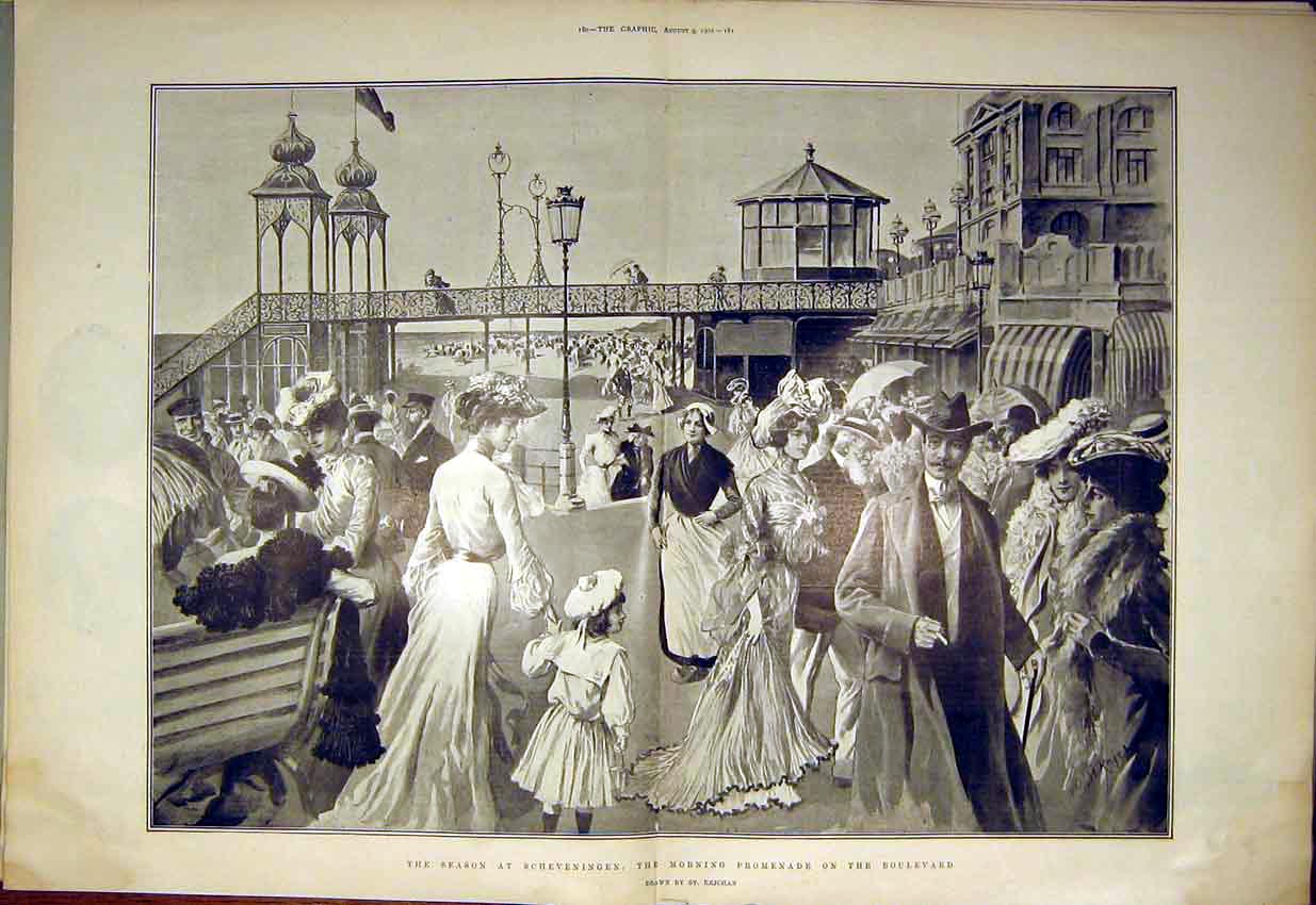 Original Old Antique Print Season Scheveningen Promenade Boulevard Rejchan 1902